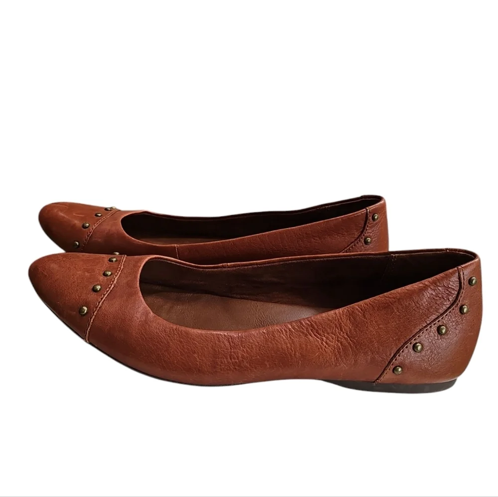 Korks Women 8.5 Brown Leather Studded Pointed Toe Ballet Flat Archival Essential - Picture 2 of 8